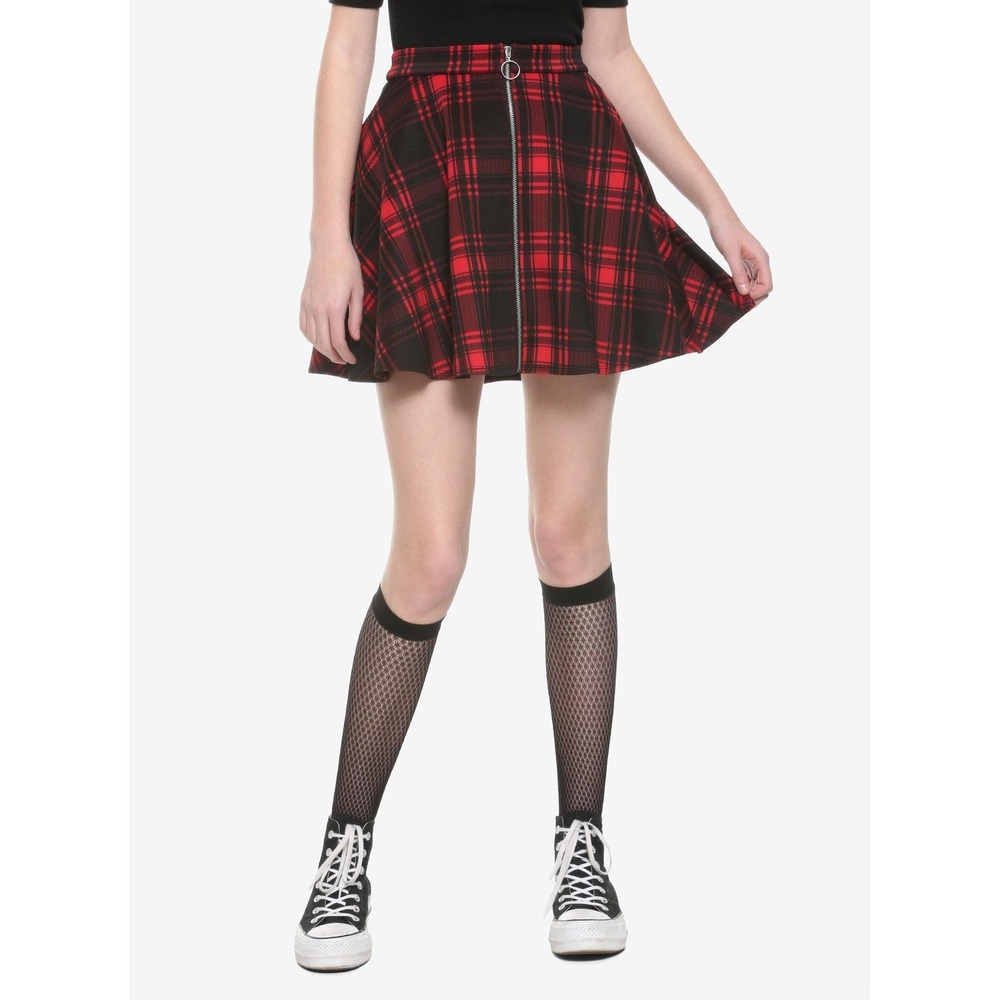Hot Topic Womens Tartan Plaid Skater Skirt Size M Red O-Ring Zipper Mini Pocket